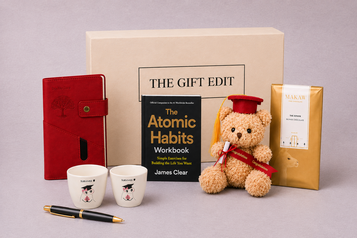 Graduation gift items for a graduation gift box in Dubai with a teddy bear, book, graduation cups and a notebook pen