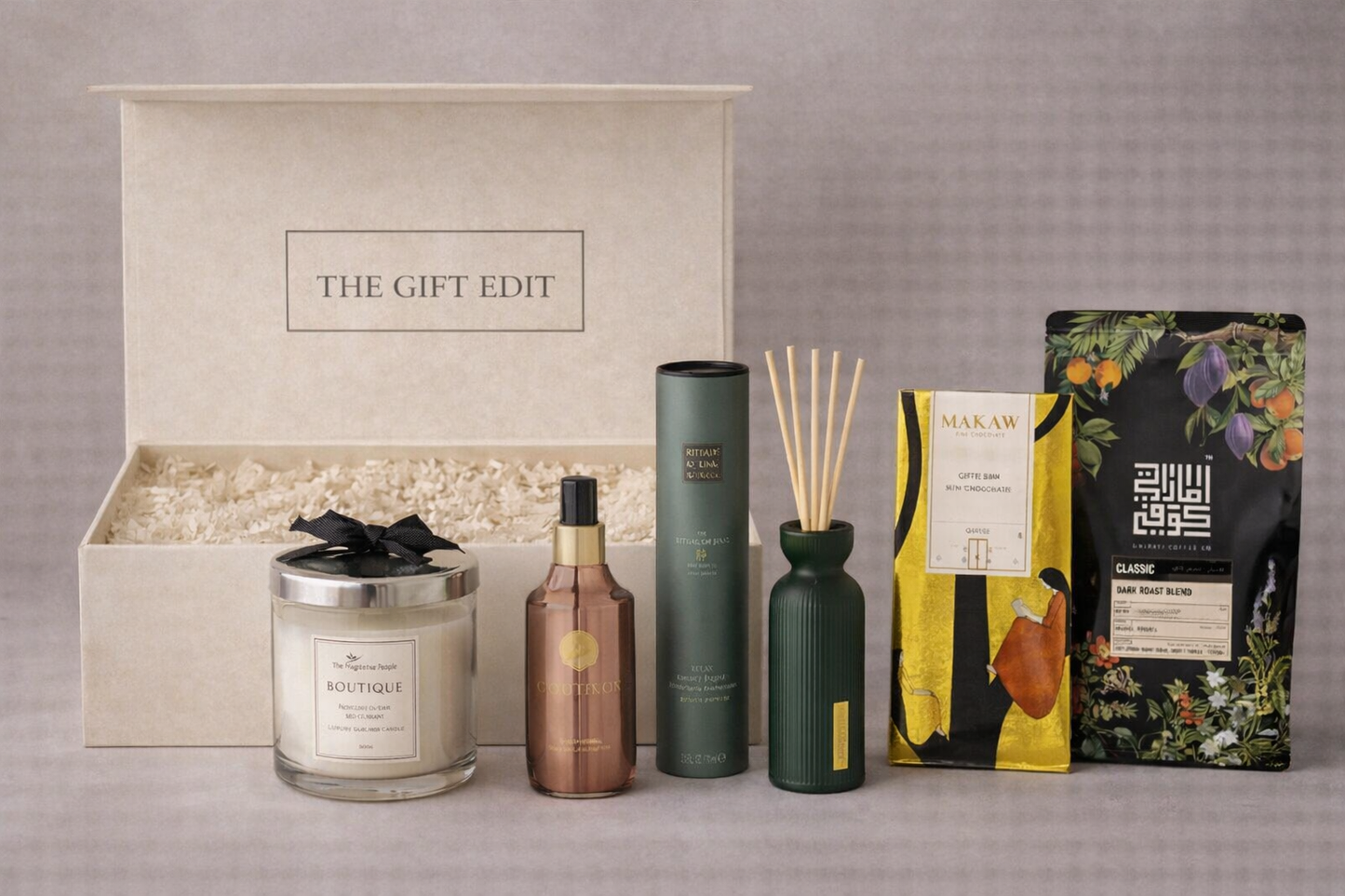Luxury housewarming gift with coffee, chocolate and premium home fragrances