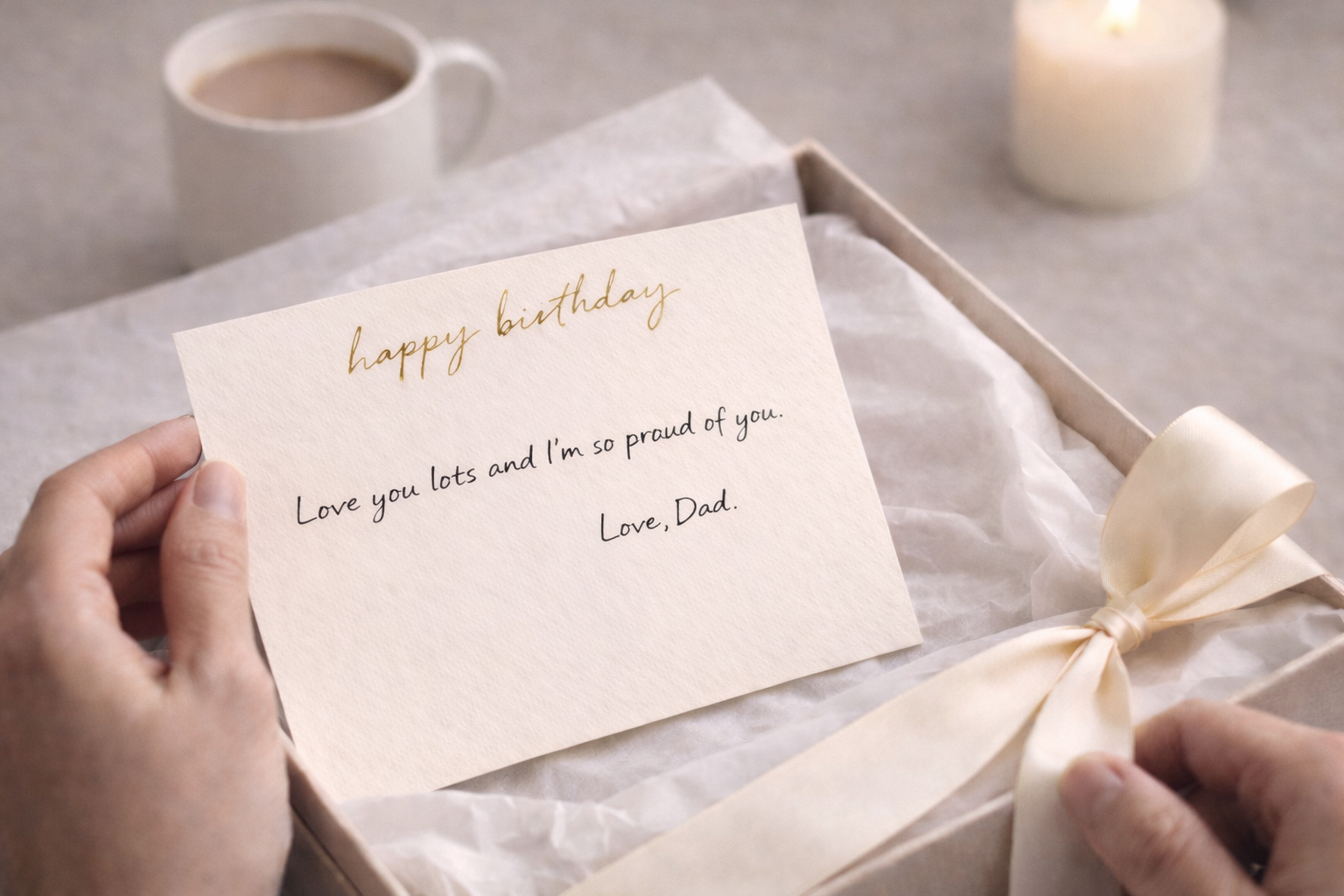 Hand holding a birthday card with a message of love and pride, placed on a gift box with a bow.