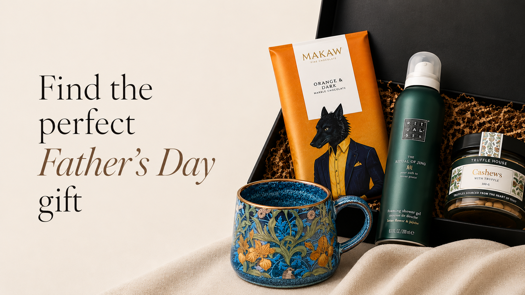 Gift basket with coffee, skincare products, and a mug on a beige surface with text 'Find the perfect Father's Day gift'.
