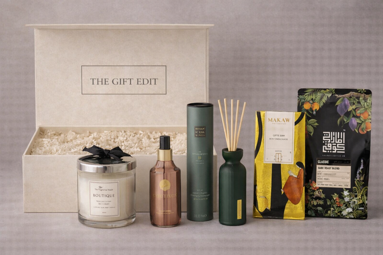 Luxury housewarming gift with coffee, chocolate and premium home fragrances