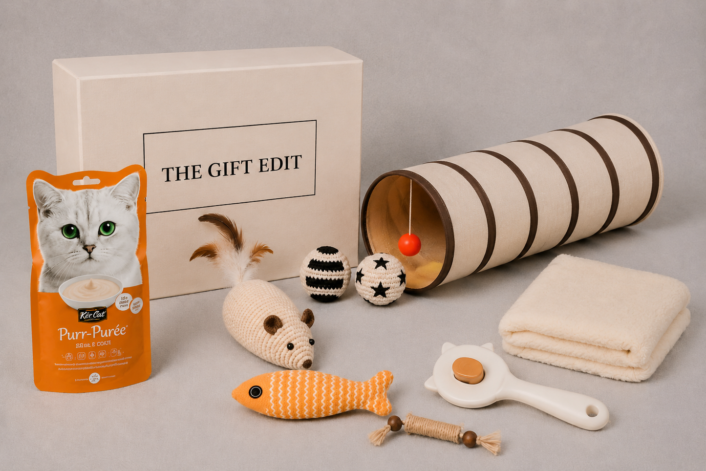 Cat Gift box with treats and cat toys and a cat blanket