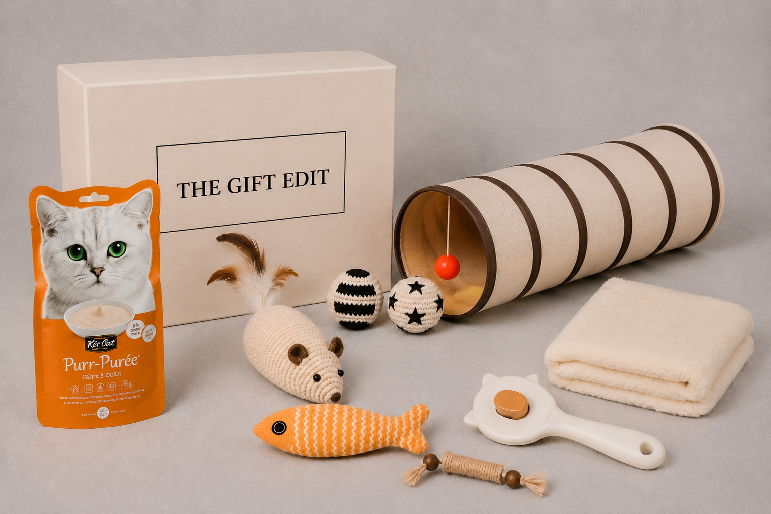 Cat Gift box with treats and cat toys and a cat blanket
